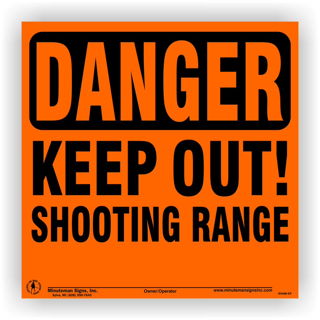 Orange crosshairs graphic with black Danger Keep Out Shooting Range Imprint text on a square aluminum sign.