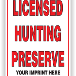 Iowa DNR compliant white aluminum boundary sign reading LICENSED HUNTING PRESERVE in bold red text with customizable owner operator imprint area.