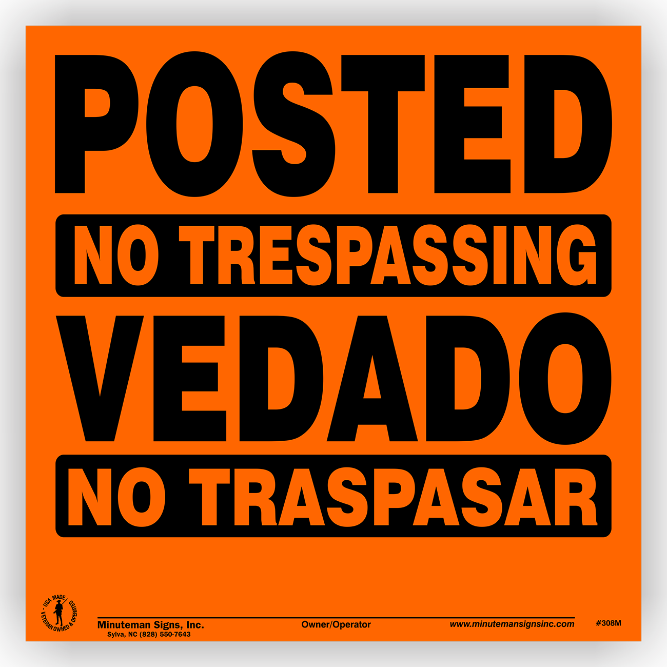 bilingual-posted-no-trespassing-vedado-sign-orange Posted-Vedado-No-Trespassing / Traspasar Bilingual Aluminum Sign - Image 1