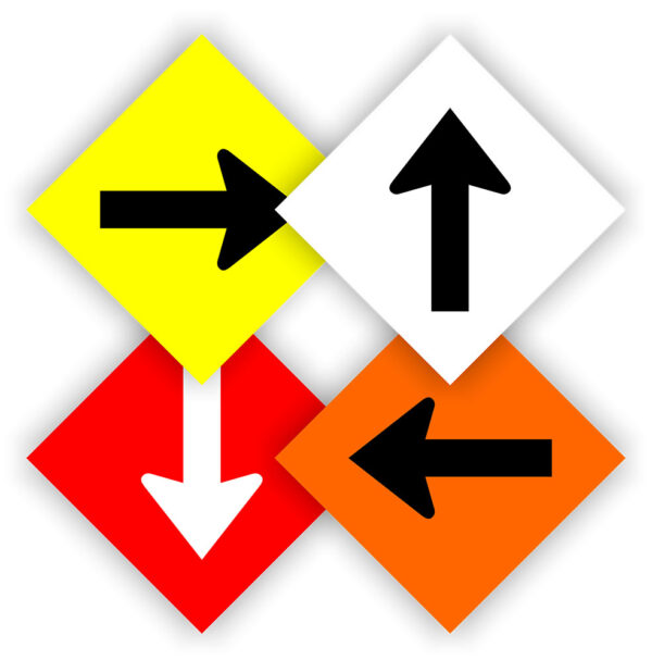 Yellow, white, red, orange trail arrows